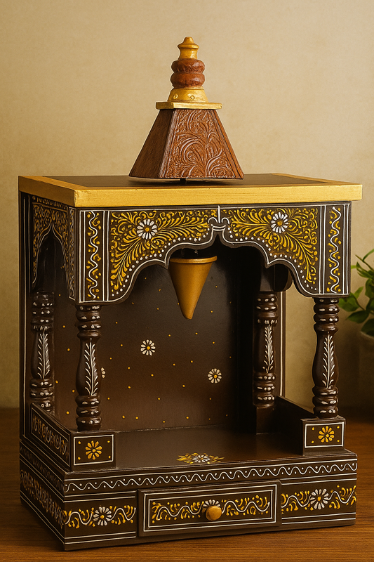 Hand-Painted Rajasthani Wooden Pooja Mandir for Home with Drawer & Bell – Tabletop Devghar/Temple (Brown & Gold)